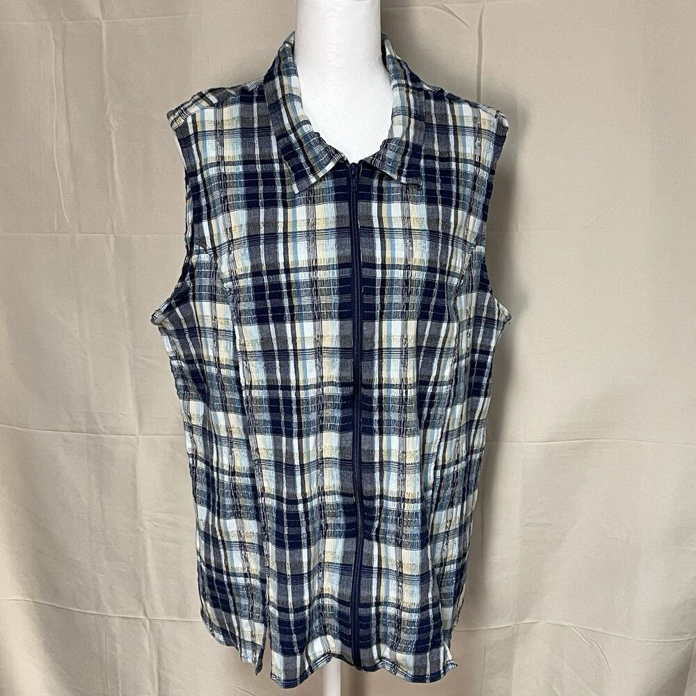 Carolina Colours 26W Blue Plaid Sleeveless  Cotton Top Coastal Classic Cottage